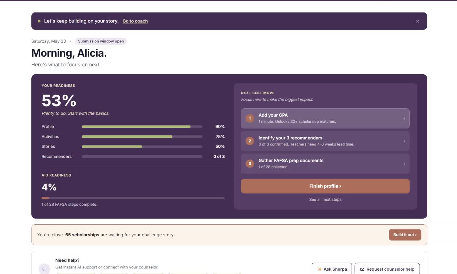 Project Bridge student dashboard showing a 53% readiness score, next best moves, aid readiness, and the Ask Sherpa AI coach